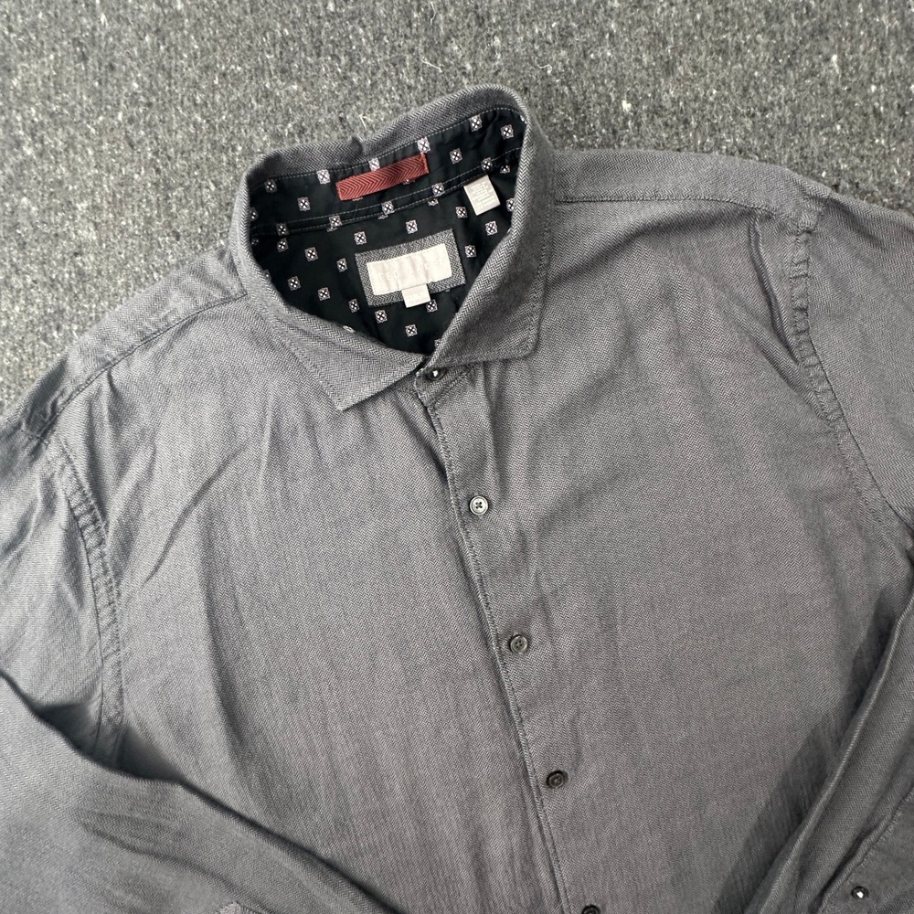 Ted Baker Button Up Shirt Mens XXL Gray Herringbone Long Sleeve Cotton casual bu